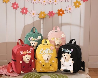 Mochila escolar con osito de peluche bordado con nombre personalizado. Bonita mochila para niños y niñas. Regalos de cumpleaños. Regalo para la vuelta al cole.