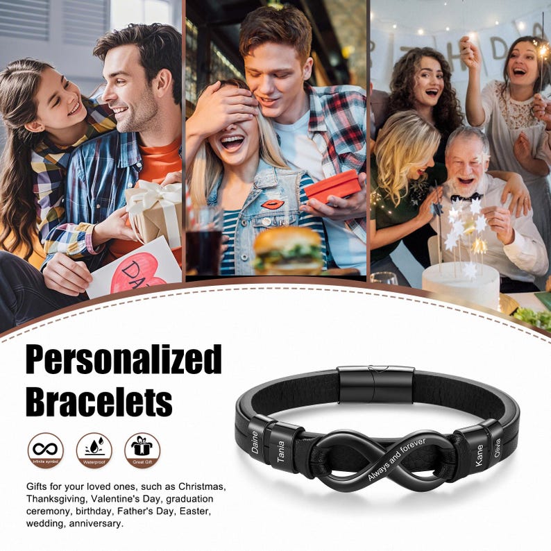 Op de afbeelding: Zwarte leren armband met een zwart oneindigheidssymbool en de tekst "Always and forever". De armband is gegraveerd met de namen "Daine", "Tania", "Kane" en "Olivia". De afbeelding toont mensen die vieren en cadeaus geven.