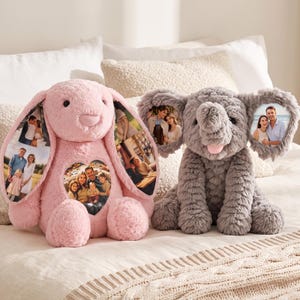 Personligt foto av plyschdjur, personlig elefant och kanin med fotoöron, födelsedagspresent till barn, årsdagspresent till par för henne/honom