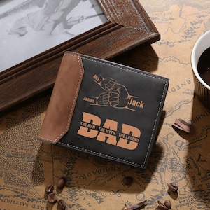 Cartera personalizada para el Día del Padre. Cartera personalizada para papá. Choque de puños con los niños. Carteras de cuero para hombre. Regalo para papá.