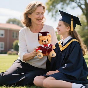 May include: A graduation-themed image featuring a teddy bear wearing a maroon graduation gown and cap, holding a diploma. The bear has the word "Pioneer" on its gown and the numbers "20" and "25" on its paws. A woman and a girl are holding the bear.