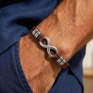 Engrave Infinity Men Bracelet,Family Name Vintage Beaded Memorial and Text Bracelet,To Man Gift,Unique Gift for Dad,Husbands gift