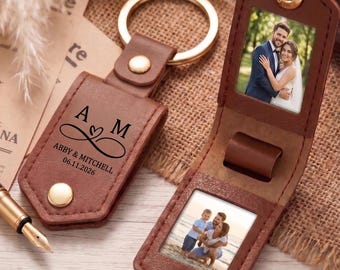 Portachiavi in pelle personalizzato con incisione e 2 foto, portachiavi personalizzato con immagine, regalo per anniversario di matrimonio per lui/lei