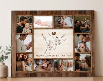 Könnte beinhalten: Ein rechteckiger Fotorahmen aus Holz mit zehn Bildausschnitten um ein zentrales Paneel. Die Mitte zeigt eine Strichzeichnung von Händen, die Finger halten, mit dem Text Daddy, Jennifer, Aaron und WE WILL ALWAYS BE TOGETHER.