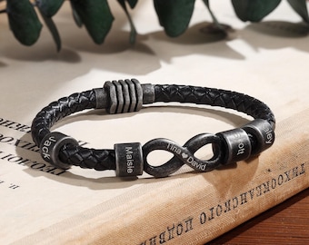 Gepersonaliseerde oneindigheidsarmband voor mannen, familienaam vintage kralen gedenkteken en tekstarmband, cadeau voor man, uniek cadeau voor vader, cadeau echtgenoot