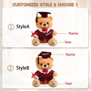 May include: Two teddy bears wearing graduation attire. Each bear is light brown with a burgundy graduation gown, mortarboard, and a red bow tie. The bears hold a diploma and have the text "Name" and "Year" on the image. The text "CUSTOMIZED STYLE 2 CHOOSE 1" is at the top.