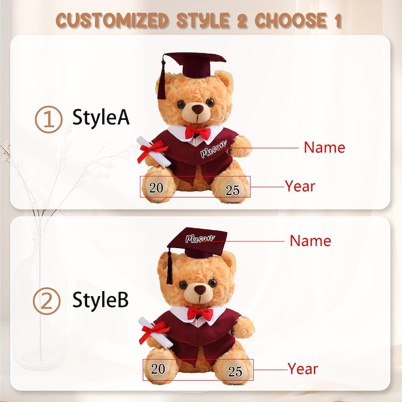 May include: Two teddy bears wearing graduation attire. Each bear is light brown with a burgundy graduation gown, mortarboard, and a red bow tie. The bears hold a diploma and have the text "Name" and "Year" on the image. The text "CUSTOMIZED STYLE 2 CHOOSE 1" is at the top.