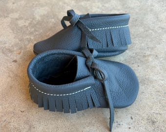 Leather Toddler Moccasins: Soft Sole Fringe Shoes - Handmade in USA