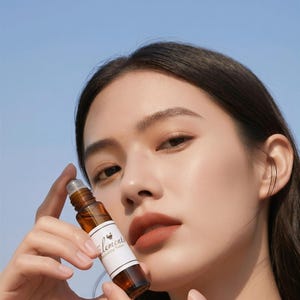 以下が含まれることがあります： 「elements」の文字が入った白いラベルが付いた、小さな茶色のガラス製ロールオンボトルが、青い空を背景に持たれています。ボトルは、色白で黒髪の人が持っています。