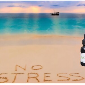 May include: A black dropper bottle with a white label featuring green leaves and the word "Elements" sits on a sandy beach. The words "NO STRESS" are written in the sand. The background shows a calm ocean and a boat.