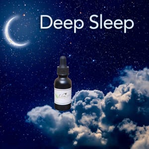 May include: A dark bottle with a dropper, labeled "Elements," sits against a backdrop of a starry night sky, a crescent moon, and fluffy white clouds. The words "Deep Sleep" are written in white across the top.