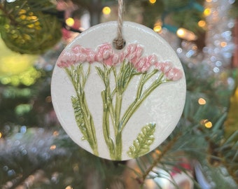 Pink Yarrow Ornament - Winter Solstice - Ceramic Yule Ornament