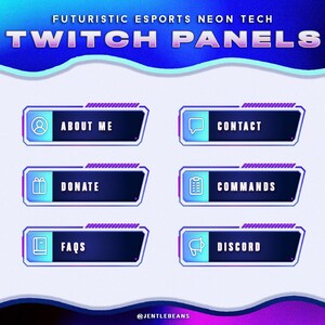 Könnte beinhalten: Futuristische Esports-Neon-Tech-Twitch-Panels mit Textbeschriftungen wie "About Me", "Contact", "Donate", "Commands", "FAQs" und "Discord". Die Panels sind rechteckig mit einem blau-violetten Farbverlauf und weißem Text.