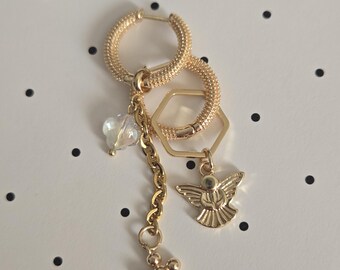 Gold Plated Hoop Earrings with Angel & Cross Charms, Elegant Dangle Gift for Her