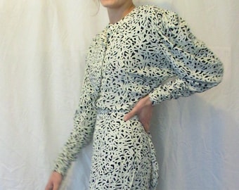 Vintage Nicole Miller Rayon Skirt Set - Black and White Swirl, Bustle Back