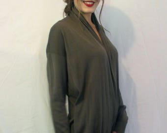 ROMEO GIGLI Smooth knit long dark olive Cardigan from Basia's Private Collection - Free U.S. Shipping