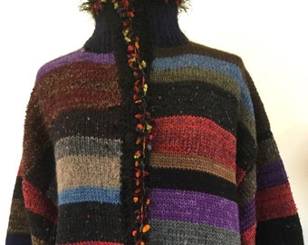 BASIA DESIGNS Colorstripe Artwear hand knit Jacket w Faux Fur Trim