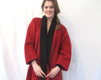 Red Fleece Coat with Black Scarf Shawl - Travel Friendly