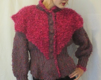 Hand Knit Tweed Peplum Cardigan with Faux Fur Collar