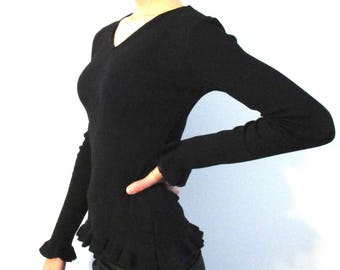 Fine Italian knit v neck sweater w tiny ruffled cuffs and hem from BASIA'S Private Collection - Free Shipping in continental US only 80USD