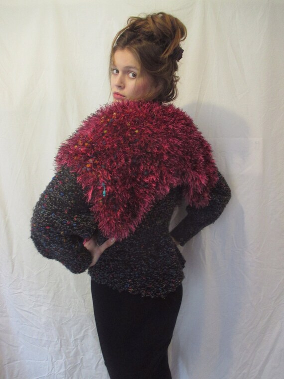 Basia Designs Hand Knit Not Machine Loomed Peplum Sweater With Major Faux Fur Collar Free Continental U S Shipping