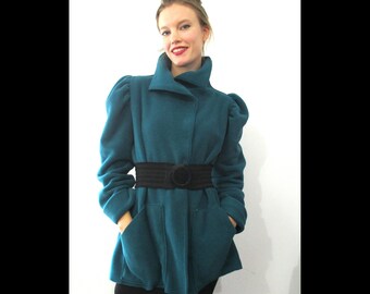 PROVOCATEC by  Basia Teal Pouf Sleeve Jacket with High Collar and Pockets with FREE US Shipping