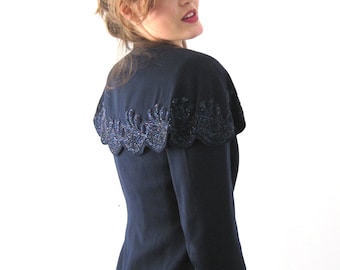 Vintage Beaded Cape Collar Wool Jacket, Deep Blue Gabardine, Medium