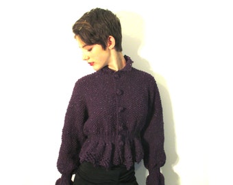 Hand Knit Wool Tweed Peplum Cardigan, Crochet Edge