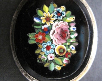 Antique Victorian Mosaic  Onyx Black with Flowers  pin in a Silver Setting