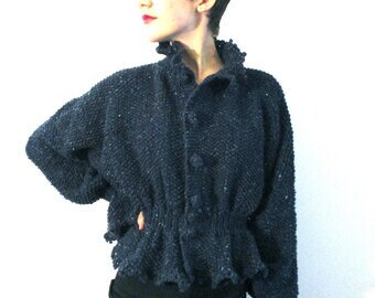 Hand Knit Irish Tweed Cardigan: Deep Blue, Fitted Jacket