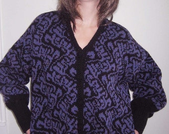 Black and Blue Pattern Hand knit Intarsia Jacket from Basia Designs