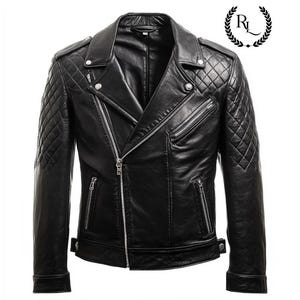 Men’s Black Leather Biker Jacket – Quilted Shoulders, Asymmetrical Zipper, Vintage Moto Style – Genuine Leather Motorcycle Jacket for Men