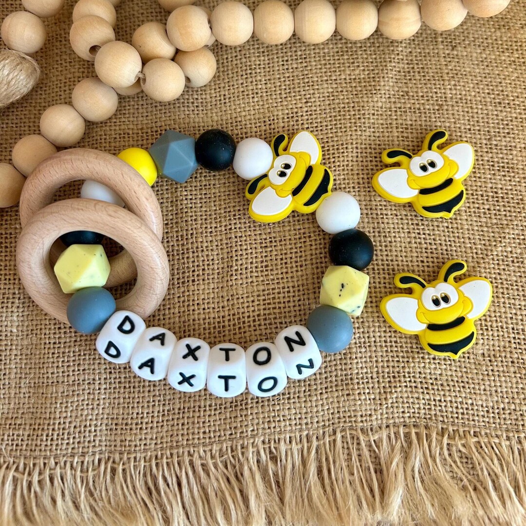 BUMBLE BEE Rattle, Wooden Rings, Silicone Bead Sensory Toy ...