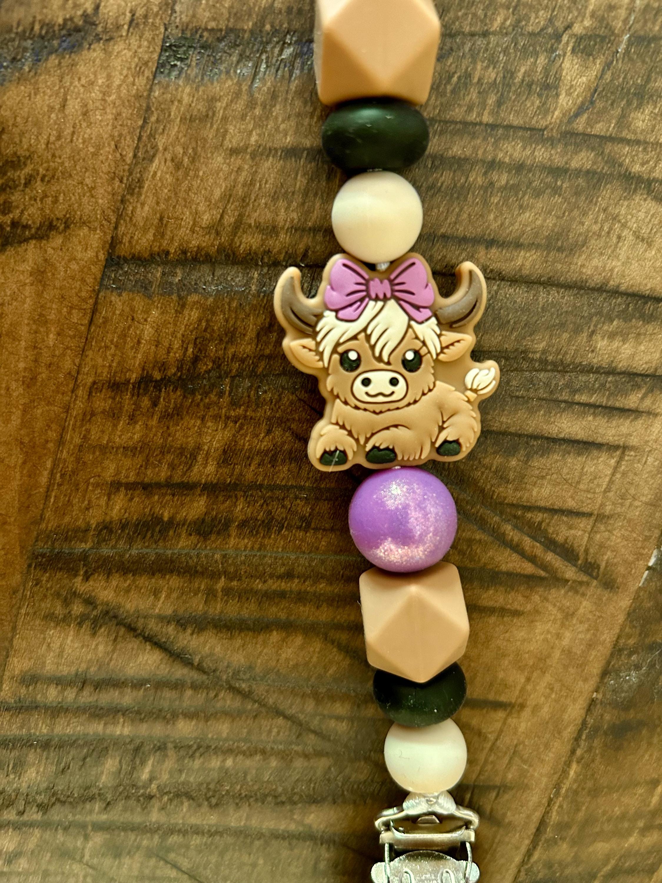 HIGHLAND Cow, Baby Girl Pacifier Clip, Purple Bow Neutral Accessory ...