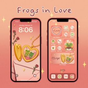 FROGS IN LOVE, Cute Romantic Phone Icons, Frog Icons, iOS & Android Icon Pack, Kawaii Aesthetic App Icons, Cute iOS Phone Theme, Wallpaper