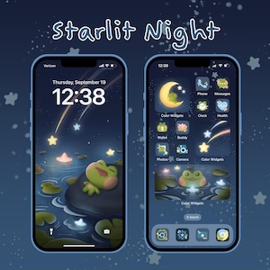 STARLIT NIGHT, Cute Phone Icons Pack, Frog Icons, iOS & Android Icon Pack, Kawaii Aesthetic App Icons, Cute iOS Phone Theme, Dark Ipad Icons