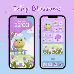 TULIP BLOSSOMS, iOS & Android Phone Theme Cute, Kawaii Aesthetic App Icons, Frog Cuteness, ipad Wallpaper Icon, Pastel Purple Icon Pack
