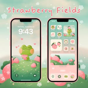 STRAWBERRY FIELDS, tema para teléfono iOS y Android, íconos de aplicaciones con estética kawaii, ternura de rana, ícono de fondo de pantalla para iPad, paquete de íconos de aplicaciones para tabletas en color rosa
