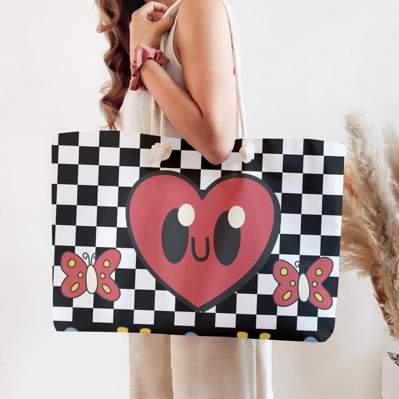 Checkered Weekender Bag, Kawaii Hearts, Retro Arcade Style