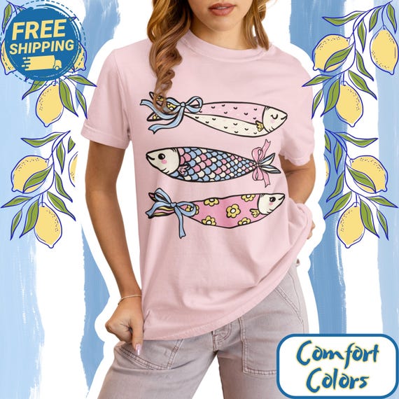 Coastal Sardine Summer Shirt | Beachy Aesthetic Tee Cute Ocean Graphic Shirt Vacation Outfit Top Pastel Sea Life Tee