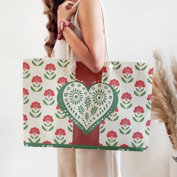 Scandinavian Folk Art Tote Bag Mid Century Floral Pattern Nordic Heart Design Boho Style Market Bag Gift Idea