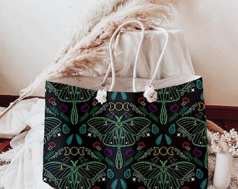 Lunar Moth Weekender Bag Witchy Botanical Tote Celestial Moon Phases Bag Cottagecore Dark Nature Travel Overnight Bag Gothic Birthday Gift