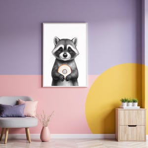 Raccoon Poster - Raccoon with white donut Digital animal illustration – Printable poster for every room or as a gift idea for foodies