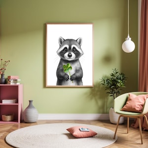 Raccoon with clover leaf illustration – digital download wall decoration & lucky charm poster gift cute animal picture – Racoon Poster