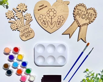 Mother’s Day DIY Paint Kit Wooden Painting Craft for Kids World’s Best Mom Flower Vase Heart with Bow  Fun Gift for Mom Mothers Day Craft
