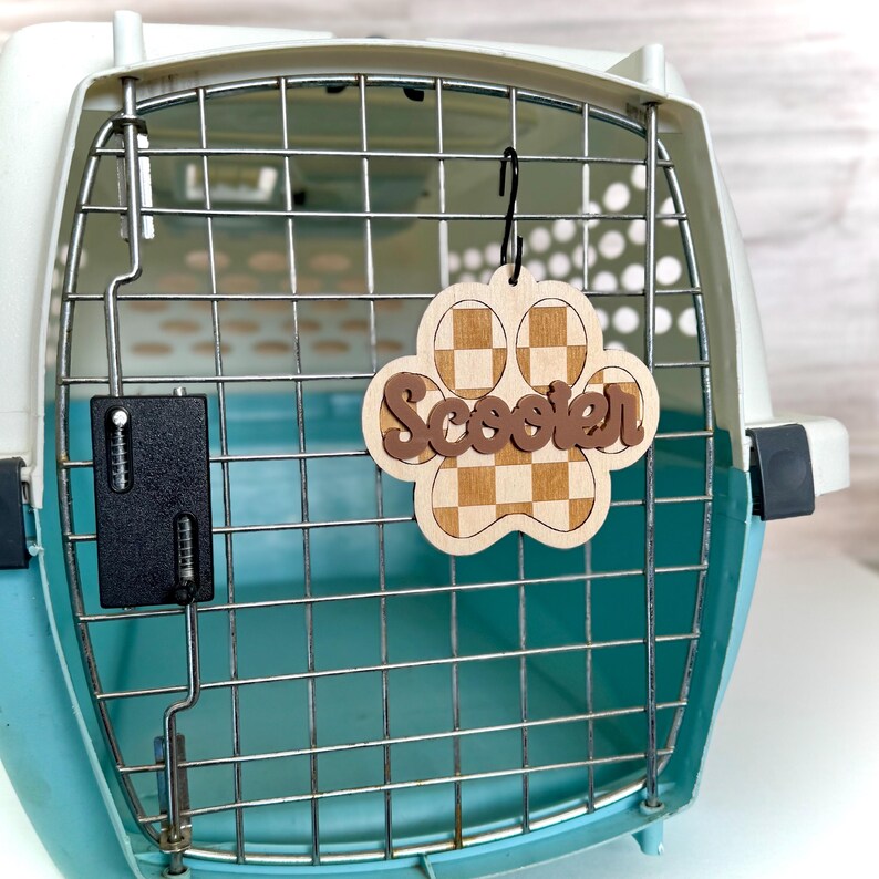 Checkered Personalized Cat Crate Name Tag Custom Engraved Paw Print ...