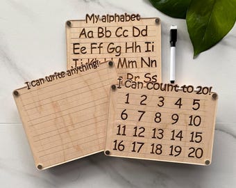 Ensemble de tableaux en bois - Alphabet, chiffres 1-20 et tableau vierge avec couverture en acrylique - Jouet d'apprentissage Montessori pour enfants effaçables à sec