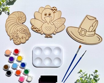 Kit de peinture DIY pour Thanksgiving pour enfants - personnages en bois de Thanksgiving, ensemble de peinture acrylique - activité artisanale d'automne pour les enfants - kit artistique pour tout-petits