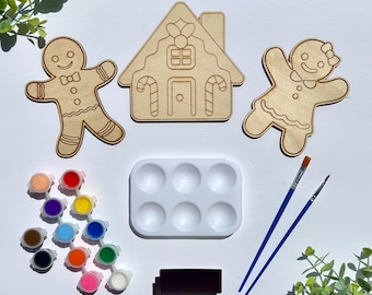 DIY Fall Gingerbread Painting Kit for Kids - 3 Wooden Characters, Acrylic Paint Set, Brushes & Tray - Fun Fall Craft Activity