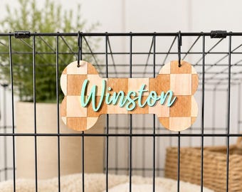 Checkered Personalized Dog Crate Name Tag - Custom Engraved Bone with Checkered Design -8", 6", 4" Birch Wood - Includes S-Hooks for Hanging